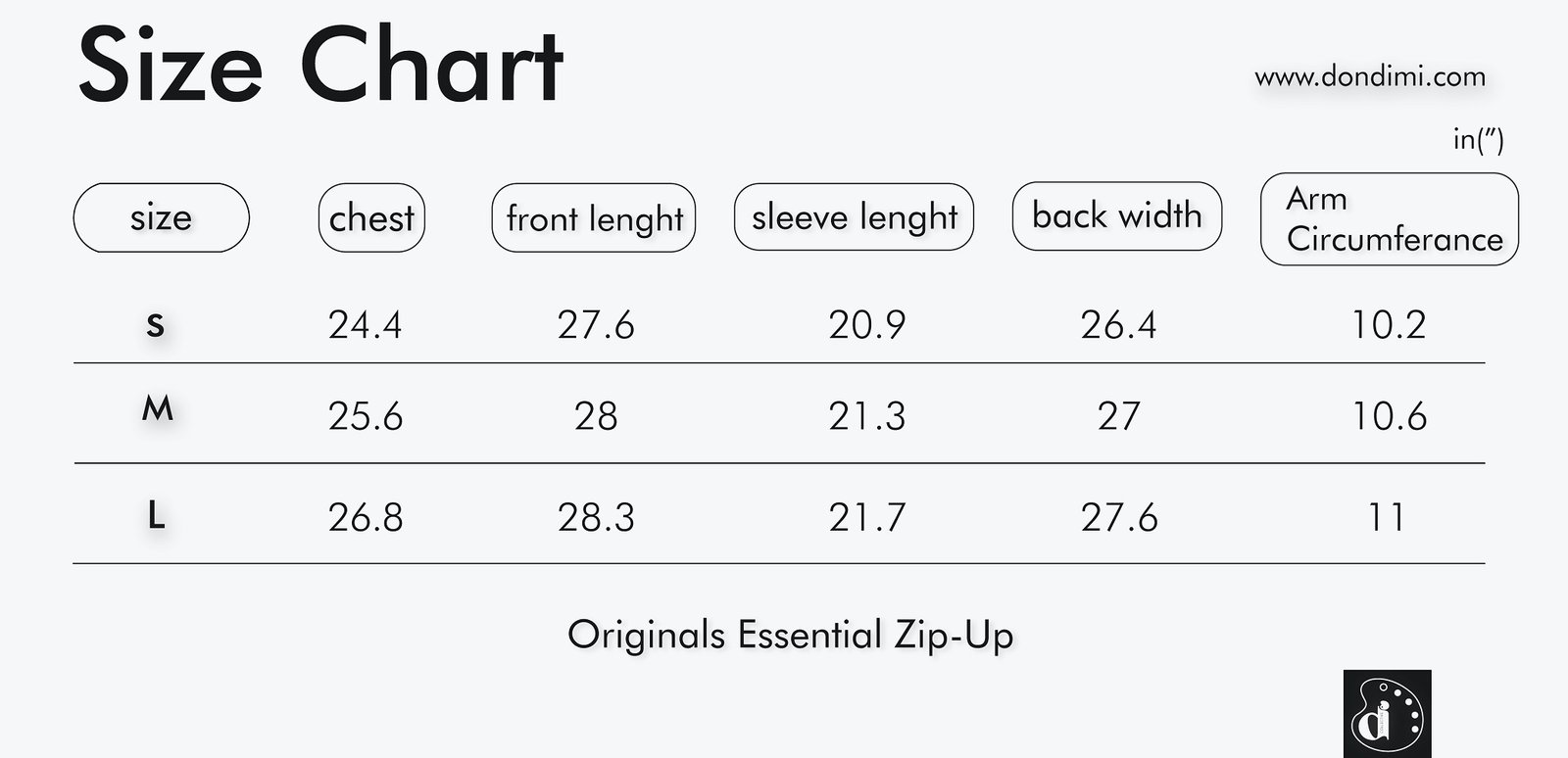 Essential Zip-Up Sizechart Don Dimi Collective